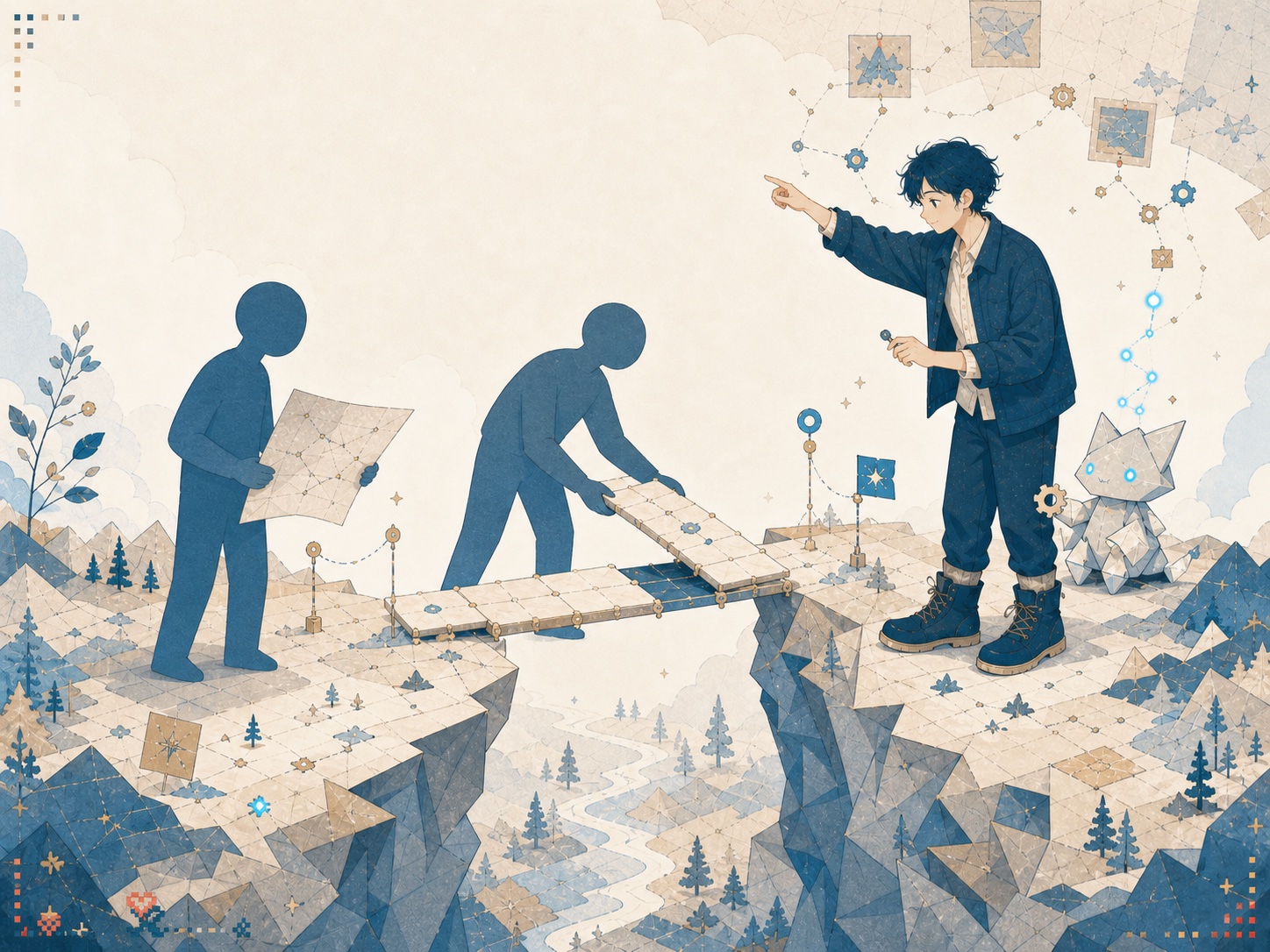 Interlocking paths, shared notes, and aligned markers forming a calm visual system for collaboration.