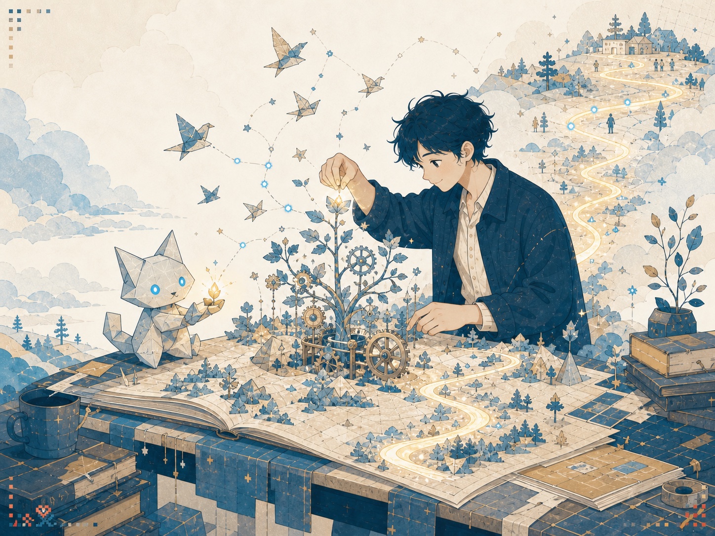 A bright editorial composition of sparks, stepping stones, and growing forms representing curiosity and momentum.